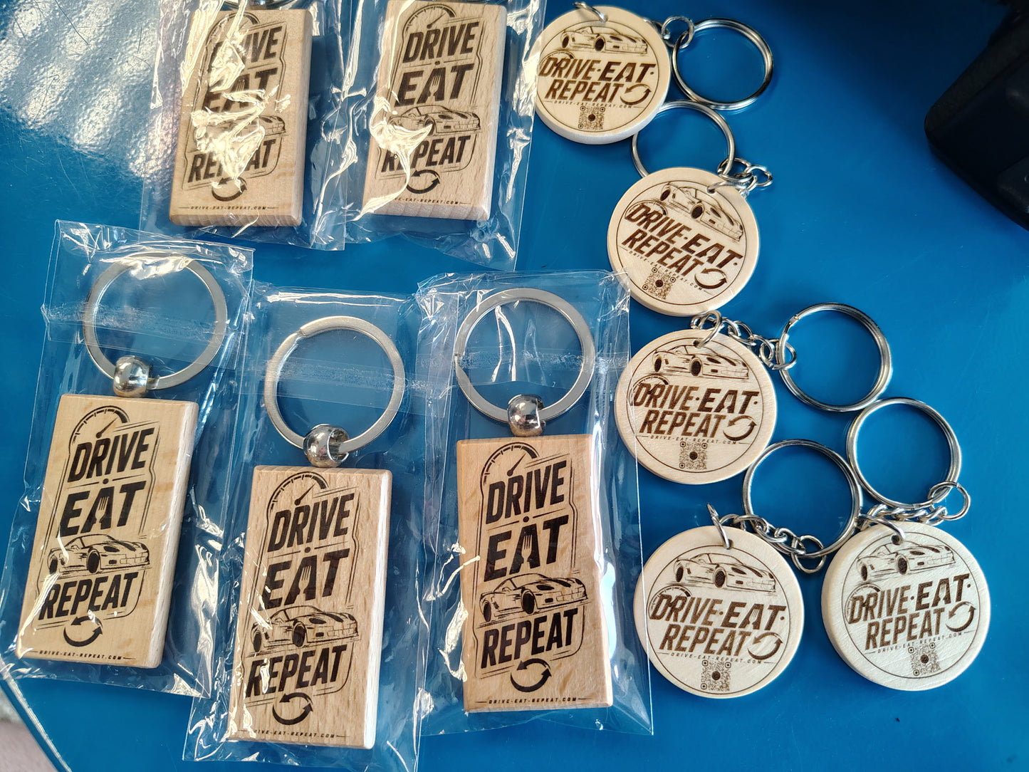 Drive. Eat. Repeat. Wood Keychain.