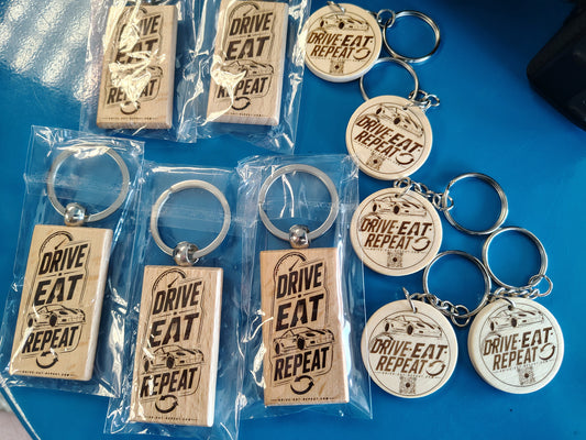 Drive. Eat. Repeat. Wood Keychain.